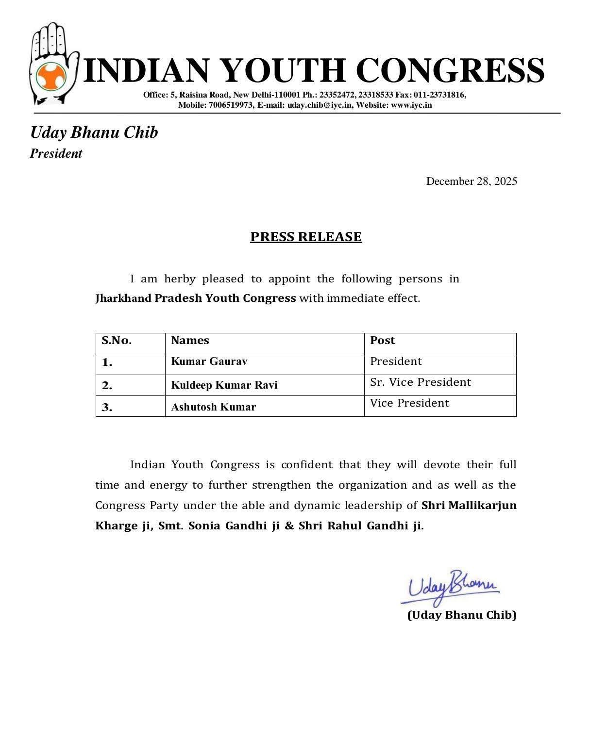 Kumar Gaurav become new president of Jharkhand Pradesh Youth Congress