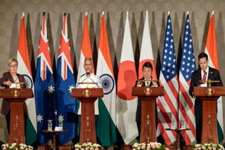 From left, Australian Foreign Minister Penny Wong, External Affairs Minister S Jaishankar, Japanese Foreign Minister Toshimitsu Motegi and US Secretary of State Marco Rubio during a joint press conference after attending the Quad Foreign Ministers' Meeting, in New Delhi, Tuesday, May 26, 2026