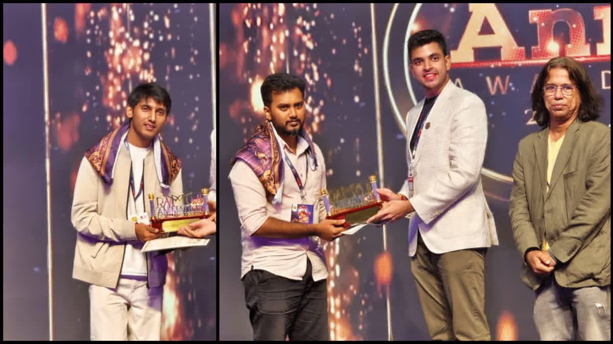 Ramoji Animation Excellence Awards 2026: ଉଦଘାଟନୀ ସମ୍ମାନ ଜିତିଲେ ଉନ୍ନିକୃଷ୍ଣନ୍ ଭି ଏବଂ ଏଣ୍ଟାଙ୍ଗଲ୍ଡ ଷ୍ଟୁଡିଓ CEO Entangled Studio Shubhranshu Singh (extreme left) and animator Unnikrishnan V receiving the awards from ETPL Director Purna Sujay Cherukuri in Mumbai on Friday, Aug. 28, 2026.