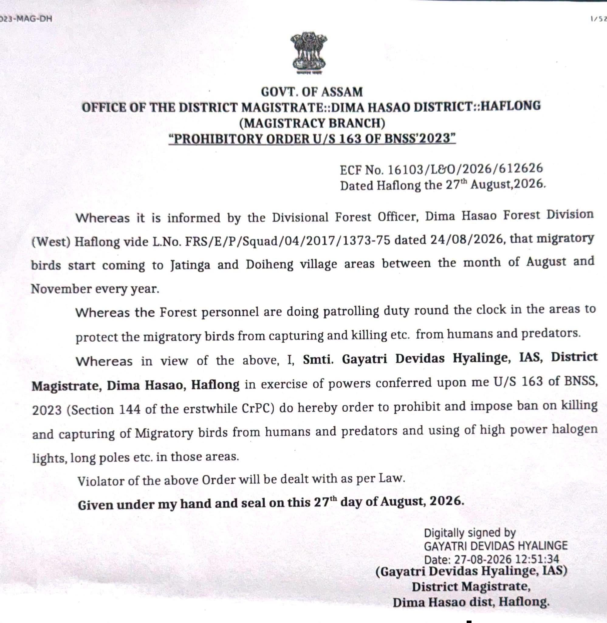 Dima Hasao administration has taken strict measures to ensure the protection of migratory birds