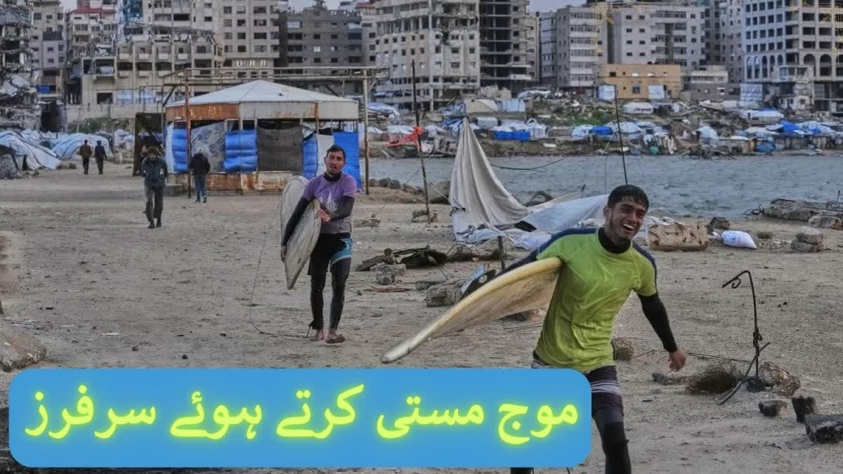 photos show surfers riding waves along gaza city damaged coastline Urdu News