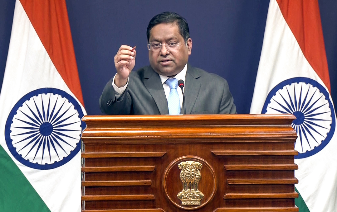 MEA spokesperson Randhir Jaiswal addresses a press conference on H1B Visa, in New Delhi