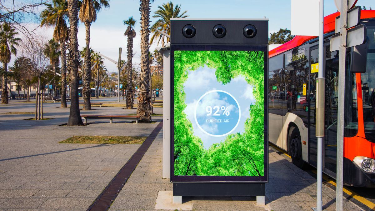 Urban air purifier installed in advertisement billaboard in the Barcelona city, capturing CO2 emitted by cars and transforming to oxygen, have the same capacity like 20 trees.
