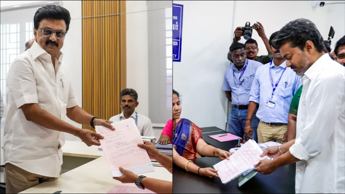 DMK chief and Chief Minister MK Stalin(L) and actor and TVK leader Vijay(R), filing their nominations, in Chennai, on Monday.