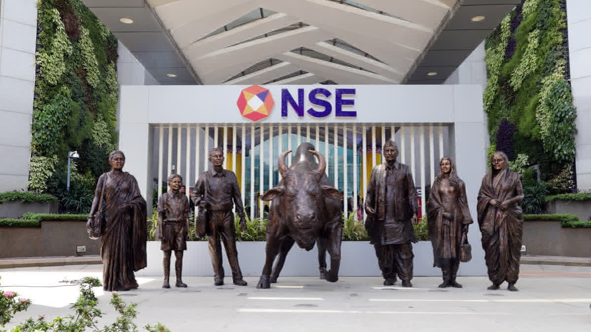 A view of the newly renovated atrium, the iconic NSE Bull, and the refreshed façade of the National Stock Exchange (NSE) Bull, at the National Stock Exchange headquarters, in Mumbai
