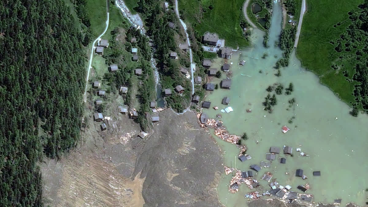 Rock and Ice Prevent Rescue Work After Swiss Glacier Collapse This handout satellite image courtesy of Maxar Technologies created on May 29, 2025, shows the small village of Blatten and its surroundings in the Bietschhorn mountain of the Swiss Alps, Switzerland on May 29, 2025 after it was destroyed the previous day by a landslide after part of the huge Birch Glacier collapsed and swallowed up by the river Lonza.