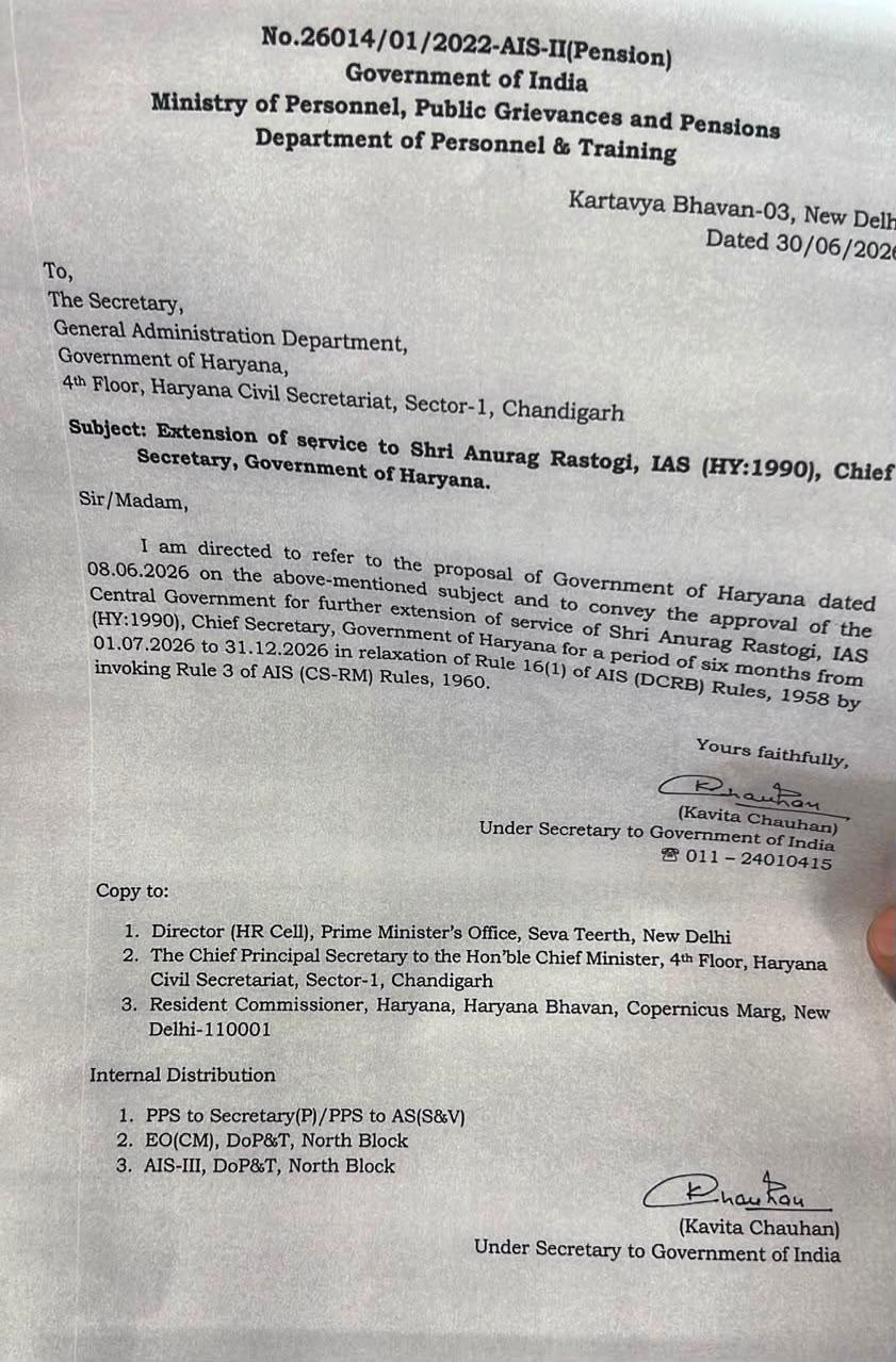 Centre grants 6 month extension to Haryana Chief Secretary Anurag Rastogi