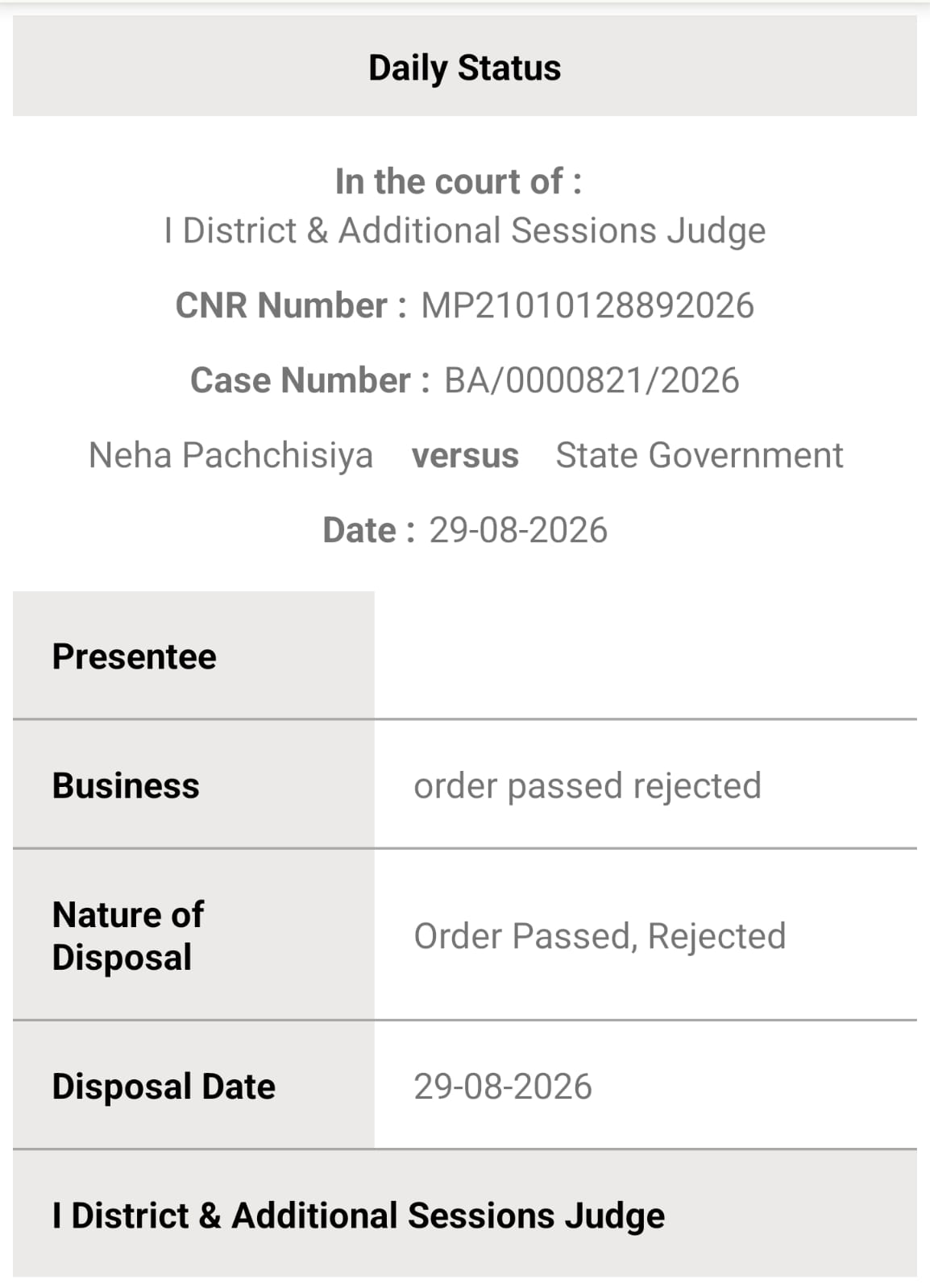 KATNI DISTRICT COURT REJECTED BAIL