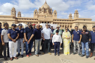Gaj Singh and others from the former royal family flagging off the bike rally