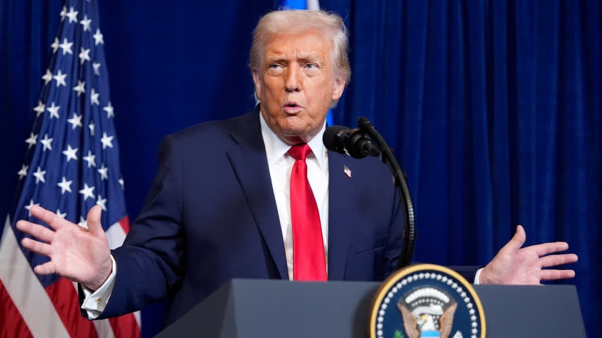 President Donald Trump speaks during a news conference with Israel's Prime Minister Benjamin Netanyahu at Mar-a-Lago, Monday, Dec. 29, 2025, in Palm Beach, Fla.
