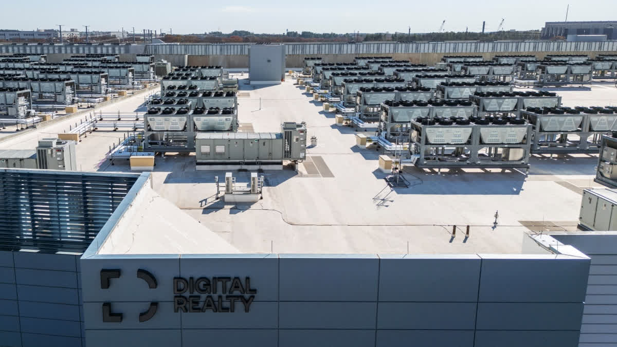 Cooling vent fans are seen on the roof of a Digital Realty data center in Ashburn, Virginia on November 12, 2025