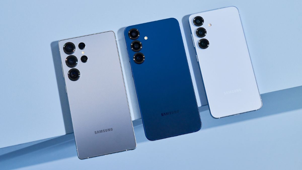 In picture, Left to Right: Samsung Galaxy S25 Ultra, S25+, S25