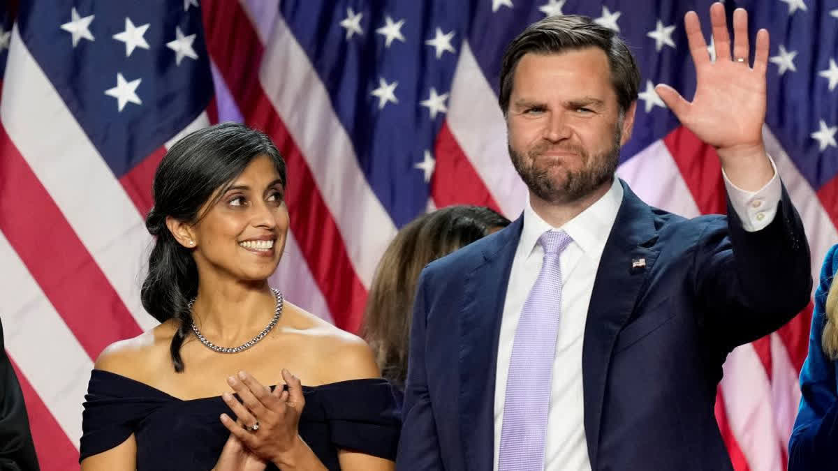 FILE- JD Vance along with his wife Usha Vance at an election night watch party
