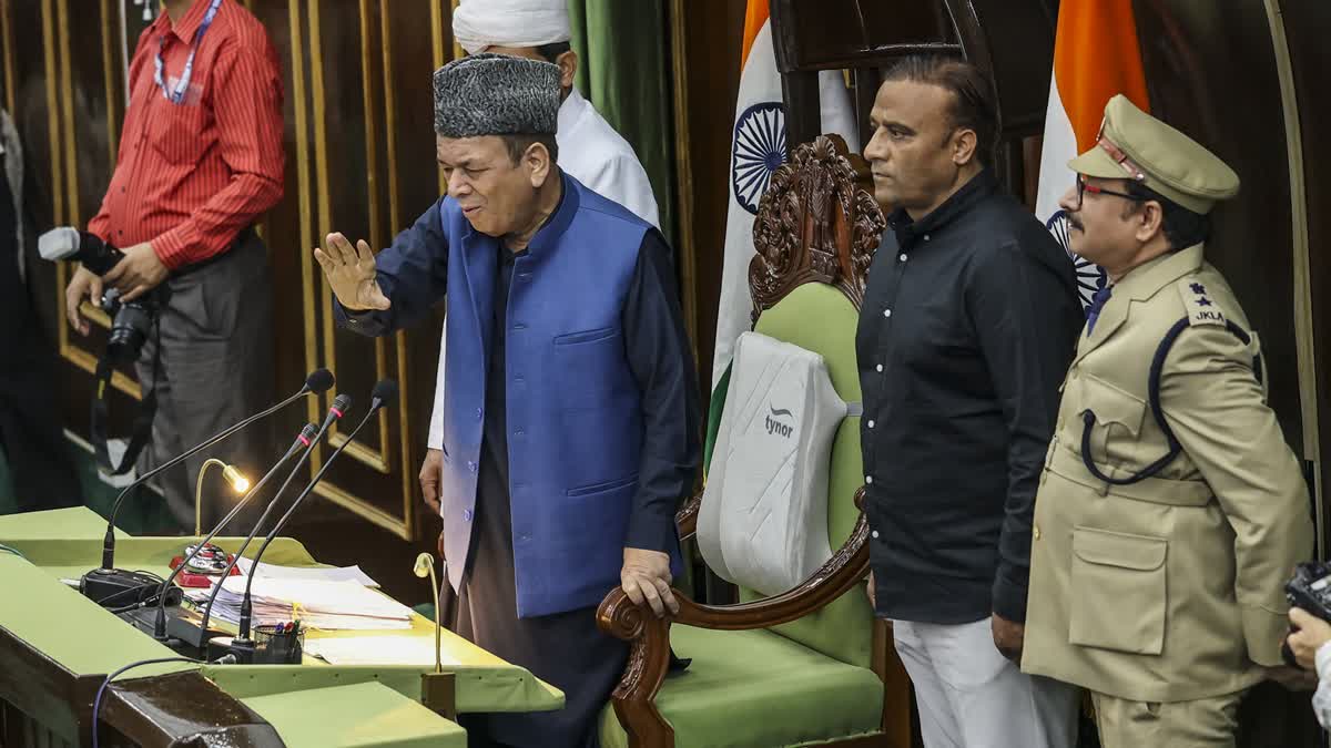 Jammu and Kashmir Assembly Speaker Abdul Rahim Rather conducts proceedings during the Budget session of the state Assembly, in Jammu