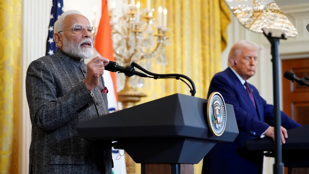 Prime Minister Narendra Modi and US President Donald Trump deliver a joint press statement after their meeting at the White House, in Washington, DC on Feb 14, 2025.