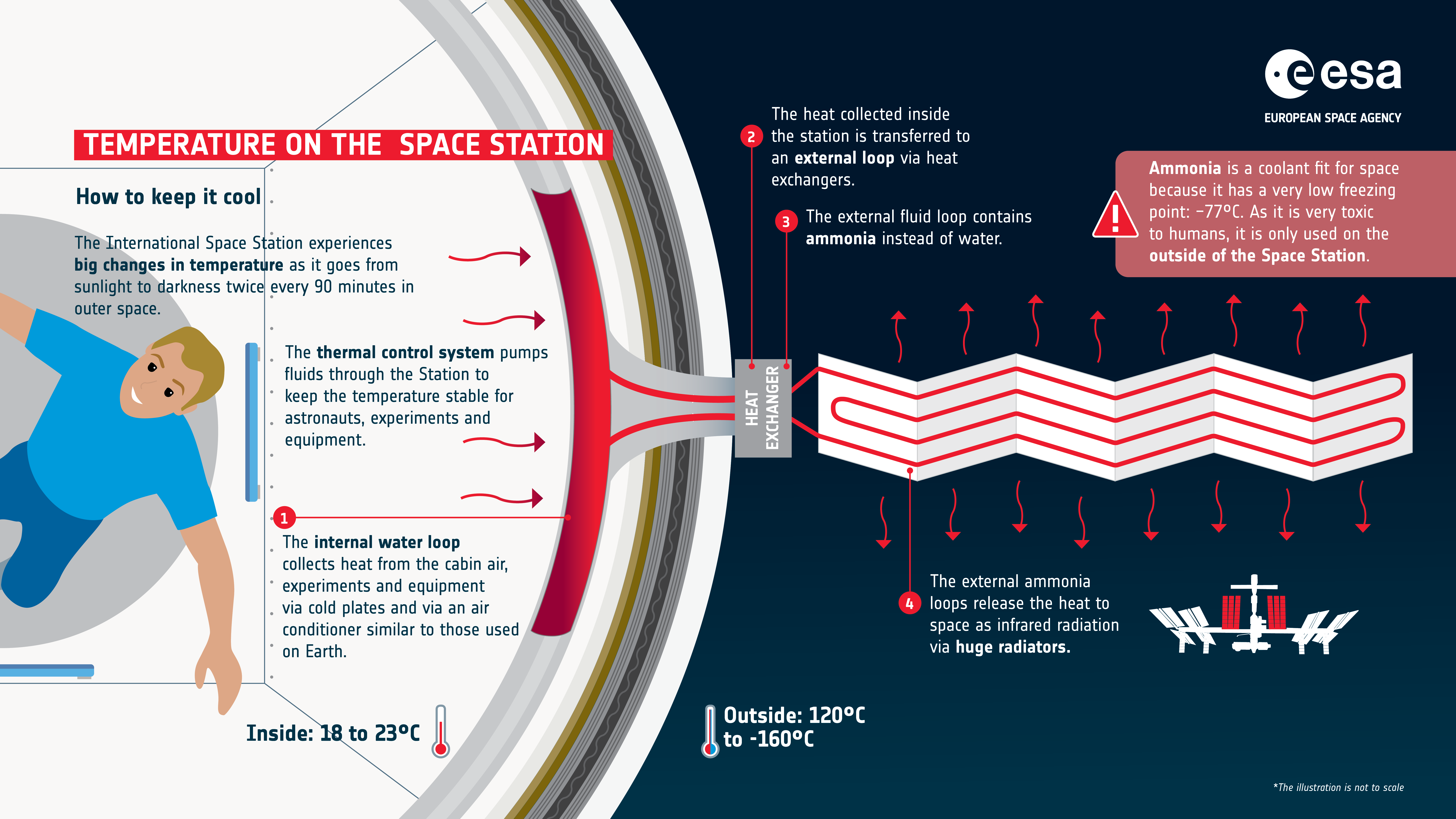 The International Space Station experiences extreme temperature swings as it alternates between sunlight and darkness every 90 minutes. To maintain stable temperatures, NASA's Active Thermal Control System circulates water through the station to absorb heat from astronauts, equipment and experiments before transferring it via heat exchangers to an external ammonia loop, which radiates the heat into space.
