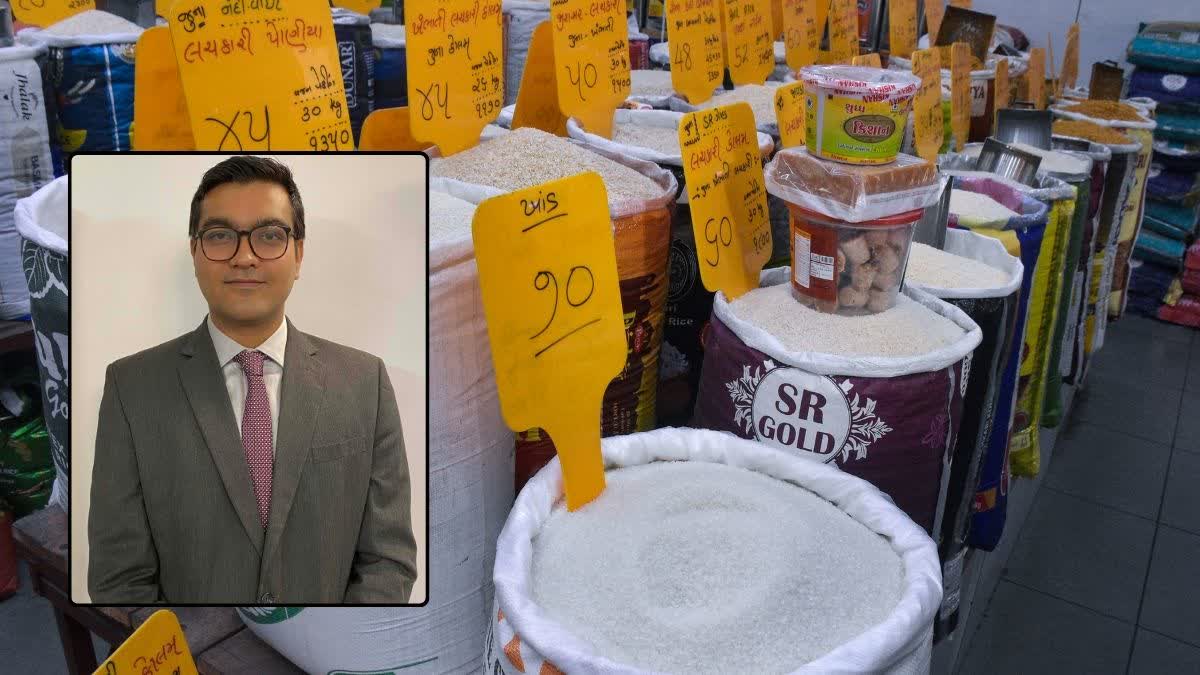 Sugar at higher price on display at a grocery store in Surat, Gujarat, on August 25; and (inset) Pushan Sharma. Director, Research, Crisil Intelligence