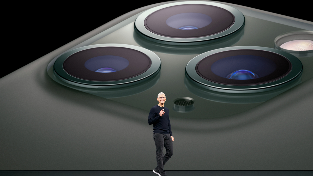 Apple CEO Tim Cook on stage at Apple’s September 2019 iPhone launch event.