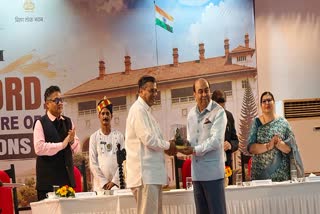 Bihar governor Lt Gen (Retd) Syed Ata Hasnain felicitating former diplomat TCA Raghavan