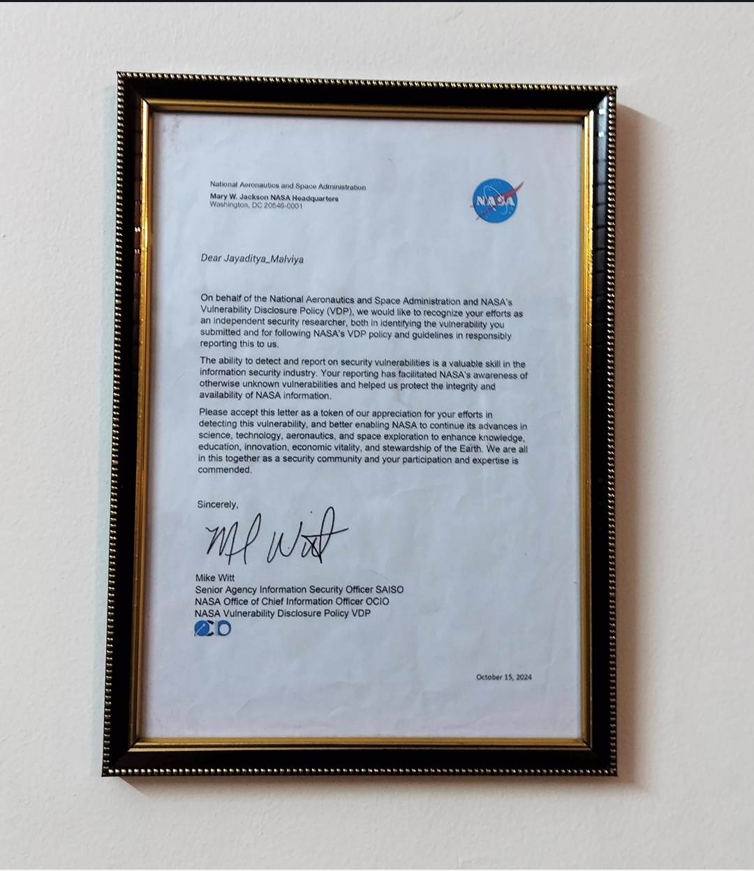 NASA AWARDED JAYADITYA MALVIYA