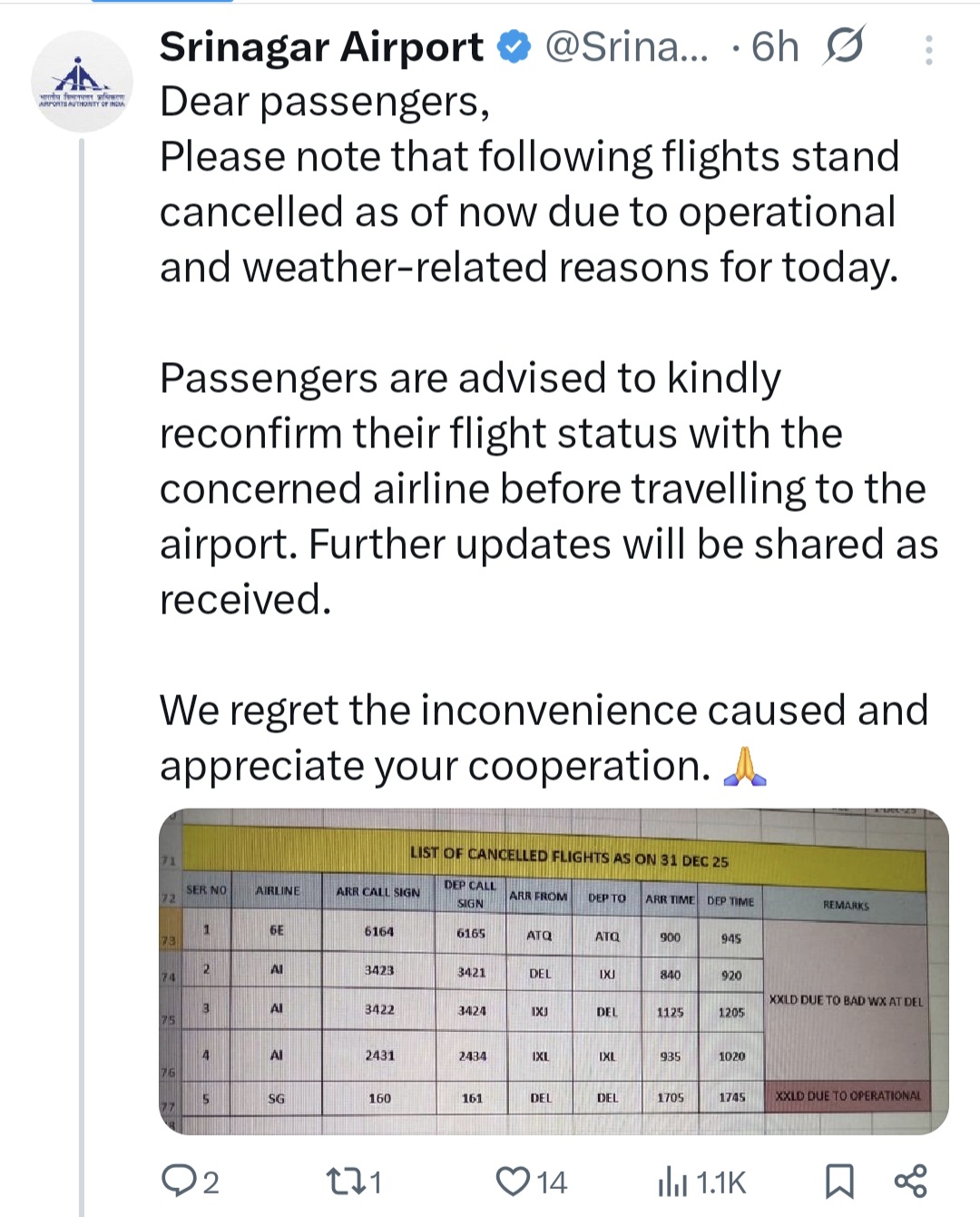 موسم کی خراب صورتحال، آپریشنل مسائل کی وجہ سے سری نگر ہوائی اڈے پر چھ پروازیں منسوخ